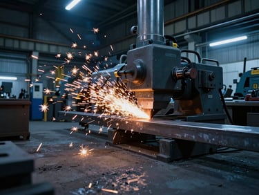 Dramatic industrial workshop with sparks flying from heavy steel cutting, cool blue tones with warm spark accents, wide-angle lens, professional engineering environment