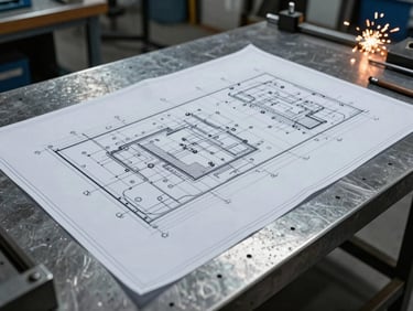 Close-up of technical blueprints laid out on a steel workbench inside a fabrication workshop, cool steel tones, soft sparks in the background.