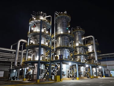 Heavy industrial processing plant with complex structural steel platforms and piping, high-contrast light