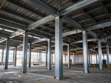 Modern commercial building steel framework during construction, steel columns and beams visible