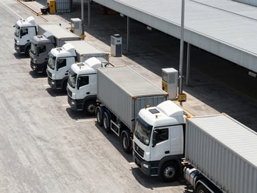 A line of heavy transport trucks aligned at a modern customs inspection port, overhead view, high-contrast daylight, clean concrete surfaces.
