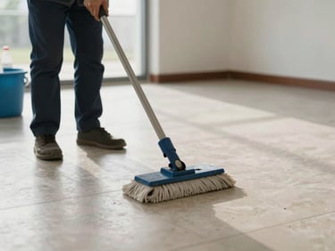 Detail medium shot of a cleaning crew member mopping a light-tiled floor in an empty room, natural daylight from side window, bucket and supplies visible at edge of frame, clean documentary tone