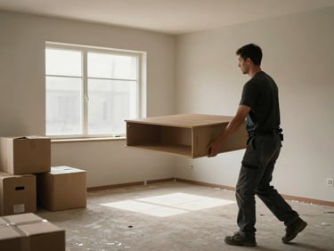 Medium shot of a crew member lifting a furniture piece in a nearly emptied living room, natural window light, warm neutral walls, boxes stacked in corner, documentary style