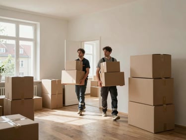 Wide environmental shot inside a cleared Ansbach apartment, two crew members in work gear carrying stacked boxes toward an open doorway, natural daylight from a large window on the left, orderly stacks of packed boxes along the wall