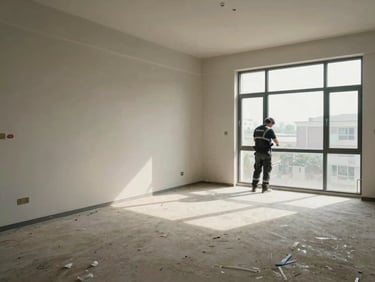 Wide shot of a cleared apartment room with a few remaining items by the wall, crew member working in background, daylight from large window, dust particles visible, documentary framing
