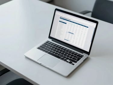 Overhead desk study of a laptop displaying structured enterprise workflow metrics, minimalist workspace, clean architectural lines, soft diffused daylight, 35mm