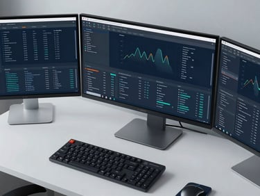 Overhead desk study of high-resolution monitors displaying complex data dashboards, cool diffused office light, low-saturation slate blue and charcoal tones, sharp focus, 35mm