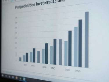 Macro shot of predictive inventory forecasting charts on a clean screen, cool diffused studio lighting, low-saturation slate blue tones, 35mm