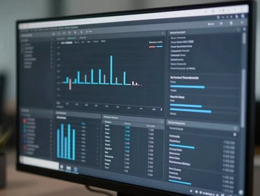 Close-up of a high-resolution monitor displaying complex data dashboards, cool diffused office light, low-saturation slate blue and charcoal tones, sharp focus.