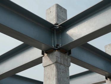 Macro close-up of structural steel beams and reinforced concrete joints in a high-tech manufacturing facility, cool daylight, geometric symmetry, precise engineering detail.