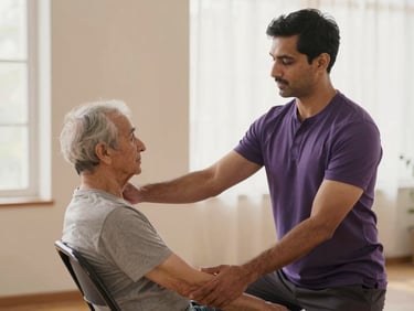 Portrait of a compassionate male yoga instructor, Rohan Mehta, assisting a senior student in a gentle chair yoga pose, soft diffused light, elegant studio, shallow depth of field, warm editorial photography, deep lavender and cream tones.