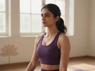 Portrait of a serene female yoga instructor, Dr. Anya Sharma, with soft, diffused window light, wearing elegant yoga attire, in a sunlit studio with subtle lotus motifs in the background, shallow depth of field, warm editorial photography, deep lavender and cream tones.