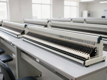 Wide environmental shot of a clean, modern industrial knitting floor in Faisalabad, natural daylight, 35mm medium format