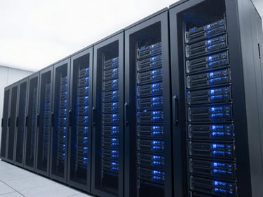 Wide-angle shot of a modern, secure data center server rack with cool blue lighting, architectural precision, sharp focus, deep navy and steel gray tones.