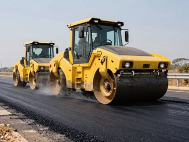 Low-angle heroic shot of a heavy asphalt paving machine laying fresh hot-mix asphalt on a South African highway, steam rising, yellow road roller in background