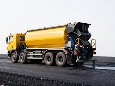A heavy bitumen distributor truck spraying hot liquid asphalt emulsion onto a prepared road base, high-contrast industrial photography