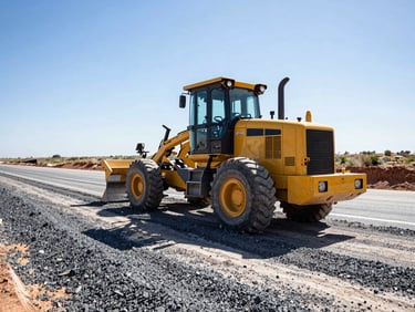 A powerful yellow motor grader leveling gravel on a wide road construction site, sharp shadows, low-angle shot