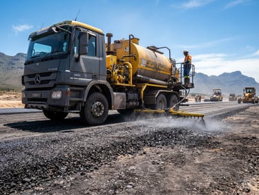 Low-angle heroic shot of a heavy bitumen distributor truck spraying hot liquid asphalt on a highway bed, bright high-contrast South African daylight, sharp shadows, rich charcoal and safety yellow tones