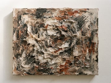 Straight-on flat-lay of a mixed-media artwork, heavy paint textures, layered charcoal and torn canvas, neutral gallery background, natural side-lighting, 35mm
