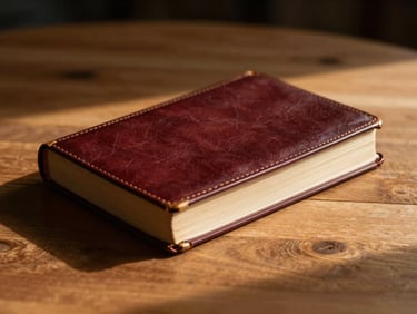 An open leather-bound Bible on a wooden table, soft dramatic side-lighting casting rich shadows, warm gold tones.