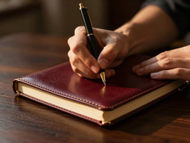 Close-up of hands writing in a leather-bound journal on a dark oak desk, warm golden-hour side-lighting, shallow depth of field.