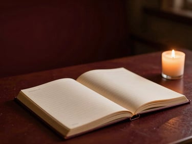 A quiet prayer space with a single candle casting warm light on an open study workbook, rich shadows.