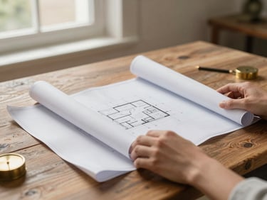Close environmental shot of hands carefully unfolding an architectural blueprint on a rustic wooden table, warm natural light from a side window, shallow depth of field, 35mm