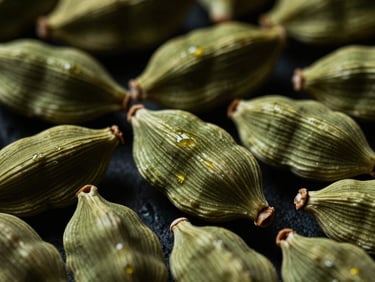 Macro close-up of bold green cardamom pods, showing texture and oil sheen, dramatic side-lighting, rich deep tones.