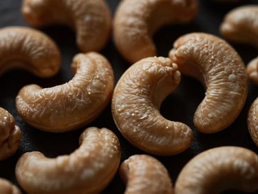 Macro close-up of whole, selected cashew nuts, showing smooth texture, dramatic side-lighting, rich deep tones.