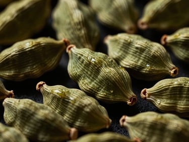 Macro close-up of bold green cardamom pods, dramatically side-lit, rich deep tones, 35mm, elegant luxury aesthetic, showing texture and oil sheen.