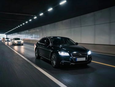 Wide-angle shot of a black executive sedan driving through a tunnel, light trails from other vehicles, moody low-key lighting.