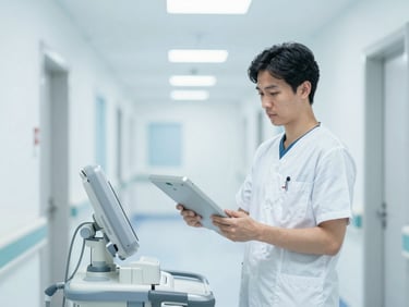 A modern medical professional in a clean, bright hospital corridor holding a high-end medical device, daylight, cool blue tones