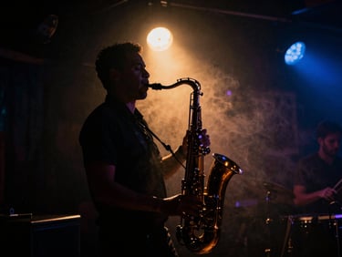 Atmospheric silhouette of a saxophone player performing in a dark, smoky jazz club, a single warm spotlight from behind, deep shadows.