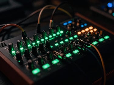 Moody close-up of modular synthesizer cables and glowing neon green LEDs in a dark industrial studio, cinematic 35mm grain.