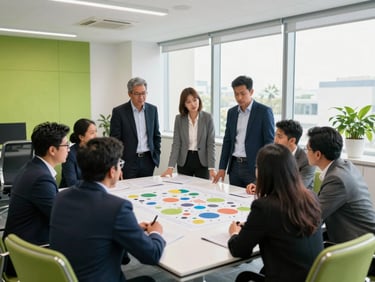 Wide environmental shot of business leaders collaborating around a project model in a modern Ranchi office, bright natural daylight, clean navy and green accents.