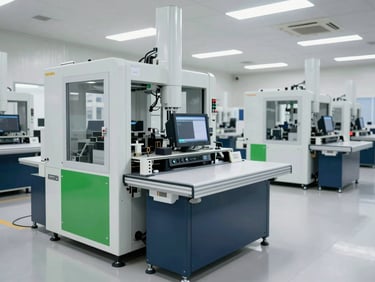 Modern industrial factory floor with high-tech equipment, clean professional environment, bright daylight.