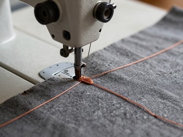Macro shot of a heavy industrial sewing machine stitching a burnt terracotta thread line through thick stone-gray canvas material