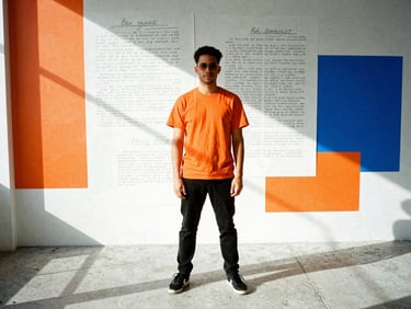 Raw, high-contrast environmental portrait of a sun-drenched Miami creative studio, concrete floors, oversized script drafts on the wall, sharp shadows, 35mm.