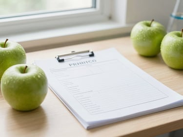 A clean laboratory report on a wooden desk next to fresh green apples, soft window light