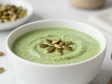 A bowl of fresh green vegetable soup with pumpkin seeds on top, cozy kitchen background, soft focus