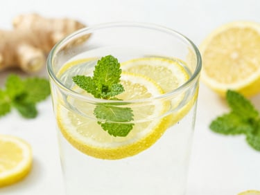 Fresh ginger, lemon slices, and mint leaves in a glass of pure water, bright sunlit background, macro shot