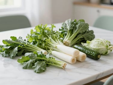 Approachably arranged fresh ingredients on a light marble table, soft morning daylight, sage green accents, shallow depth of field
