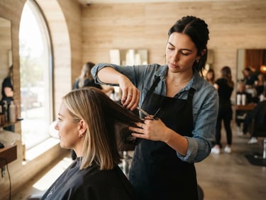 Medium close-up of a student precisely cutting hair on a modern salon floor, bright natural window light, warm neutral travertine tones, crisp focus, shallow depth of field.