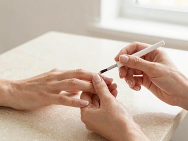 Bright editorial photo of a clean nail station, hands detailing manicured nails with a fine brush, warm travertine background