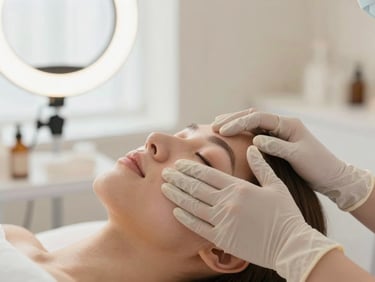 Close-up of hands in gloves performing a facial treatment on a client, soft diffused ring light, clean modern spa environment