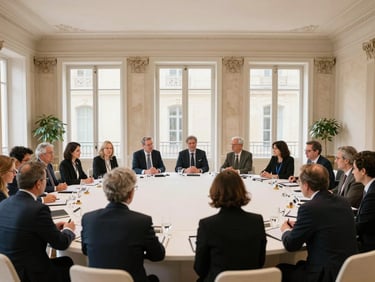 High-level diplomatic round table meeting in Bordeaux, professionals in active collaboration, elegant interior, 35mm