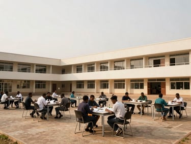 Wide-angle view of a modern university campus workshop in Dakar, collaborative atmosphere, soft overcast daylight, 35mm