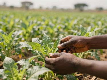 Close-up of hands examining green crop leaves in a sunlit sustainable farm in West Africa, warm natural daylight, professional 35mm