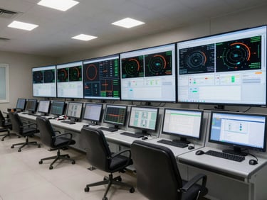 Wide-angle environmental shot of an industrial control room with clean, structured telemetry software interfaces displayed on large monitors, safety orange accents.