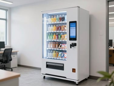 AI smart cooler vending machine in a bright office break room, glass-front display showing drinks, snacks, and convenience items neatly stocked, touchscreen panel visible, clean white walls, bright neutral commercial lighting